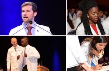 SMHS faculty speaking | SMHS students receiving their white coats  