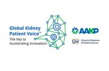 "Global Kidney Patient Voice - The Key to Accelerating Innovation" - AAKP - GW SMHS | Kidney shape constructed from lines and two gears