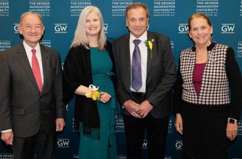 GW President Mark Wrighton, Julie Bauman, Jay Katzen, and GW SMHS Dean Barbara Bass posing together