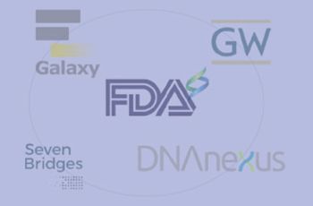 Logos for Galaxy, the FDA, Seven Bridges, DNAnexus, and George Washington University