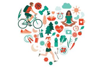 A heart shape filled with fitness activities, healthful foods and wellness symbols