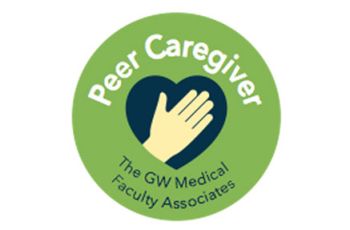 A hand inside a heart shape contained in a green circle | "Peer Caregiver - The GW Medical Faculty Associates"