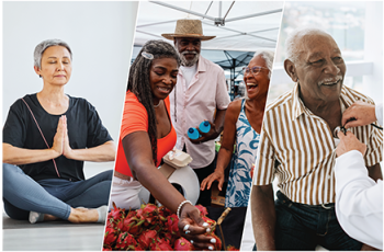 woman doing yoga, three older adults at farmers market, older man at doctor