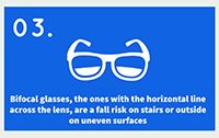 Icon of bifocal glasses with text that reads: bifocal glasses, the ones with the horizontal lines across the lens, are a fall risk on stairs or outside on uneven surfaces