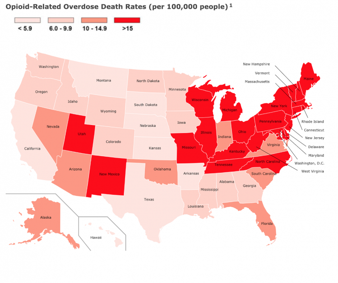 Map of opioid related overdose death rates