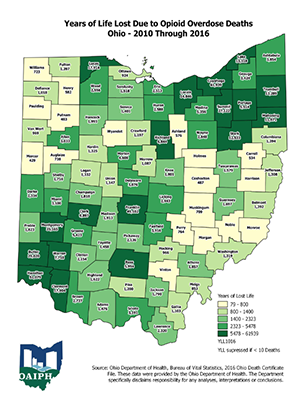 map depicting years of life lost due to opioid overdose deaths - Ohio 2010 through 2016