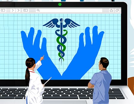 two doctors looking at a laptop screen with hands holding the medical symbol