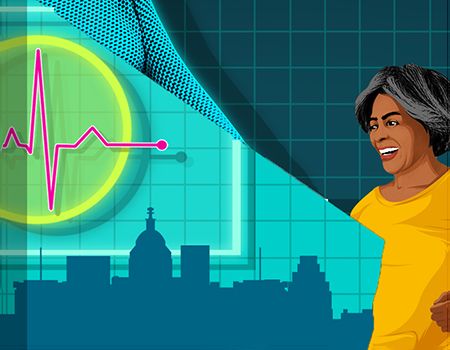 woman walking with DC skyline and heart rate symbol