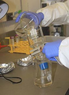 Lab tools in use by lab member wearing gloves