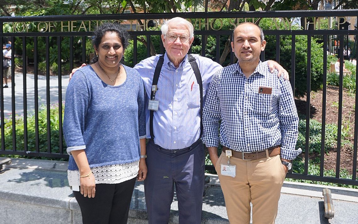 (from left to right) Aparna Yepuri, Sam Baird, and Khem Uprety outside of the GWUH on a sunny June day in 2018.