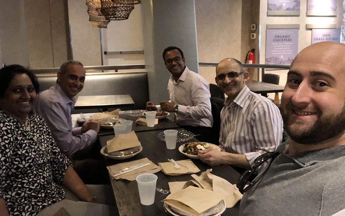Lunch at Roti - February 2019. (From left to right) Eduard Estades, Reza Taheri, Fahim Huda, Rog Bhojwani, and Aparna Yepuri 