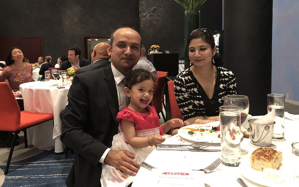 Khem Uprety along with his wife Shabanam Parajuli and daughter Aamanya Uprety at the 2018 graduation ceremony.